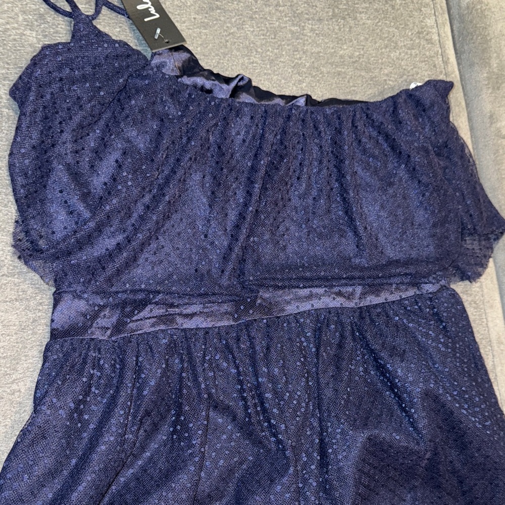Lulus -NWT Navy Blue Swiss Dot One-Shoulder Mini Dress Size Small - Picture 10 of 14